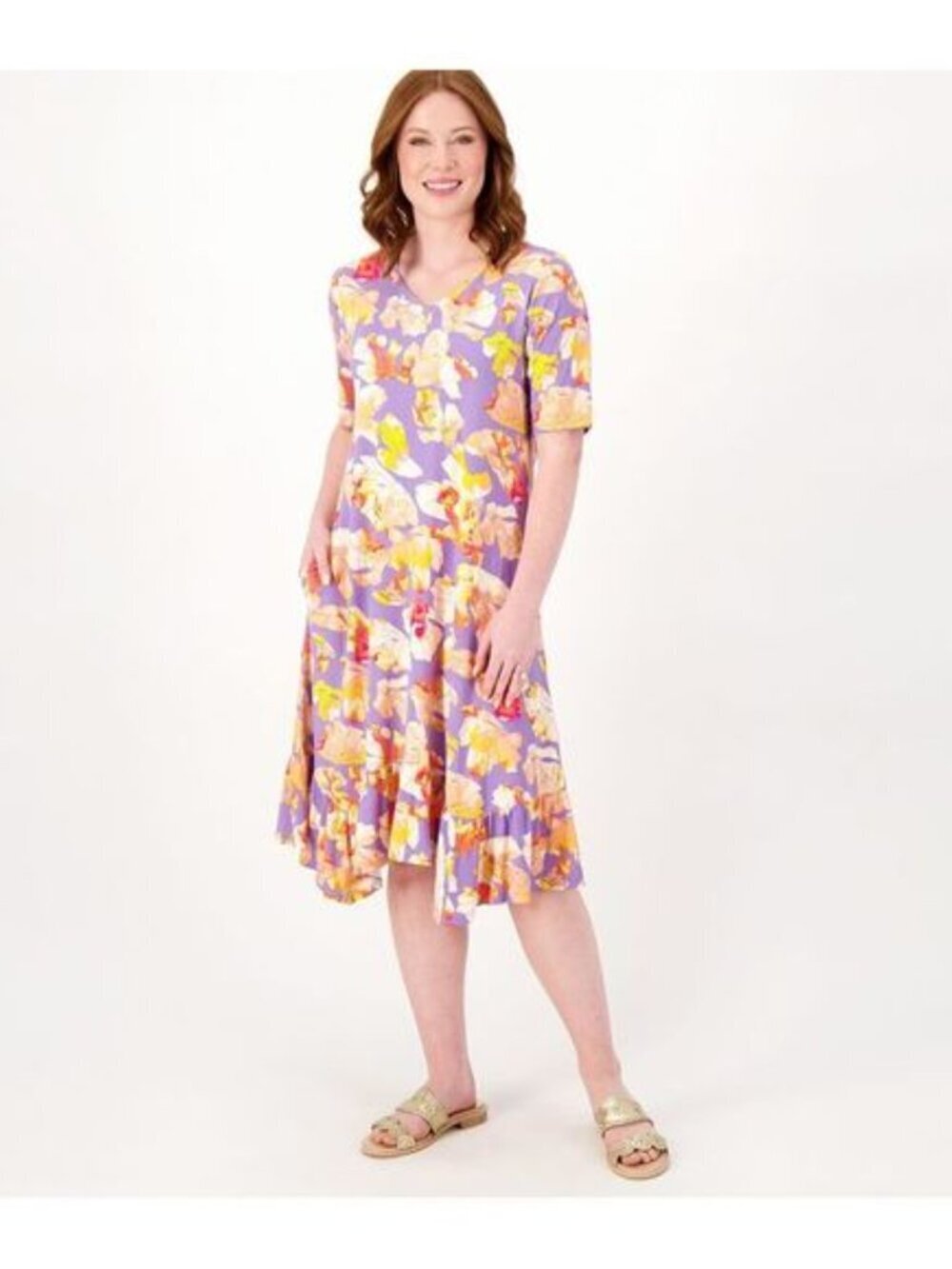 LOGO by Lori Goldstein Rayon 230 Elbow Sleeve Dress 2XP Lavender Floral A606868